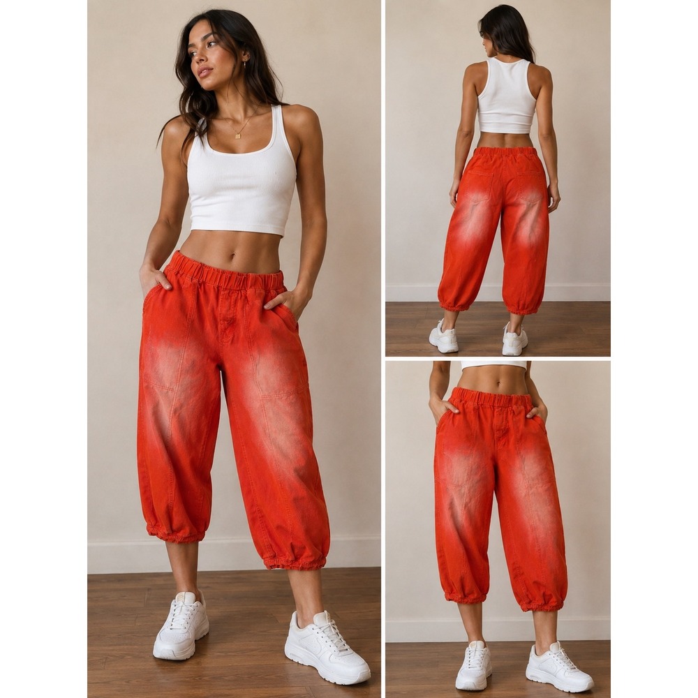 SHEIN Womens Orange Faded Barrel Leg Pants Elastic Waist Cotton Streetwear Sz 28
